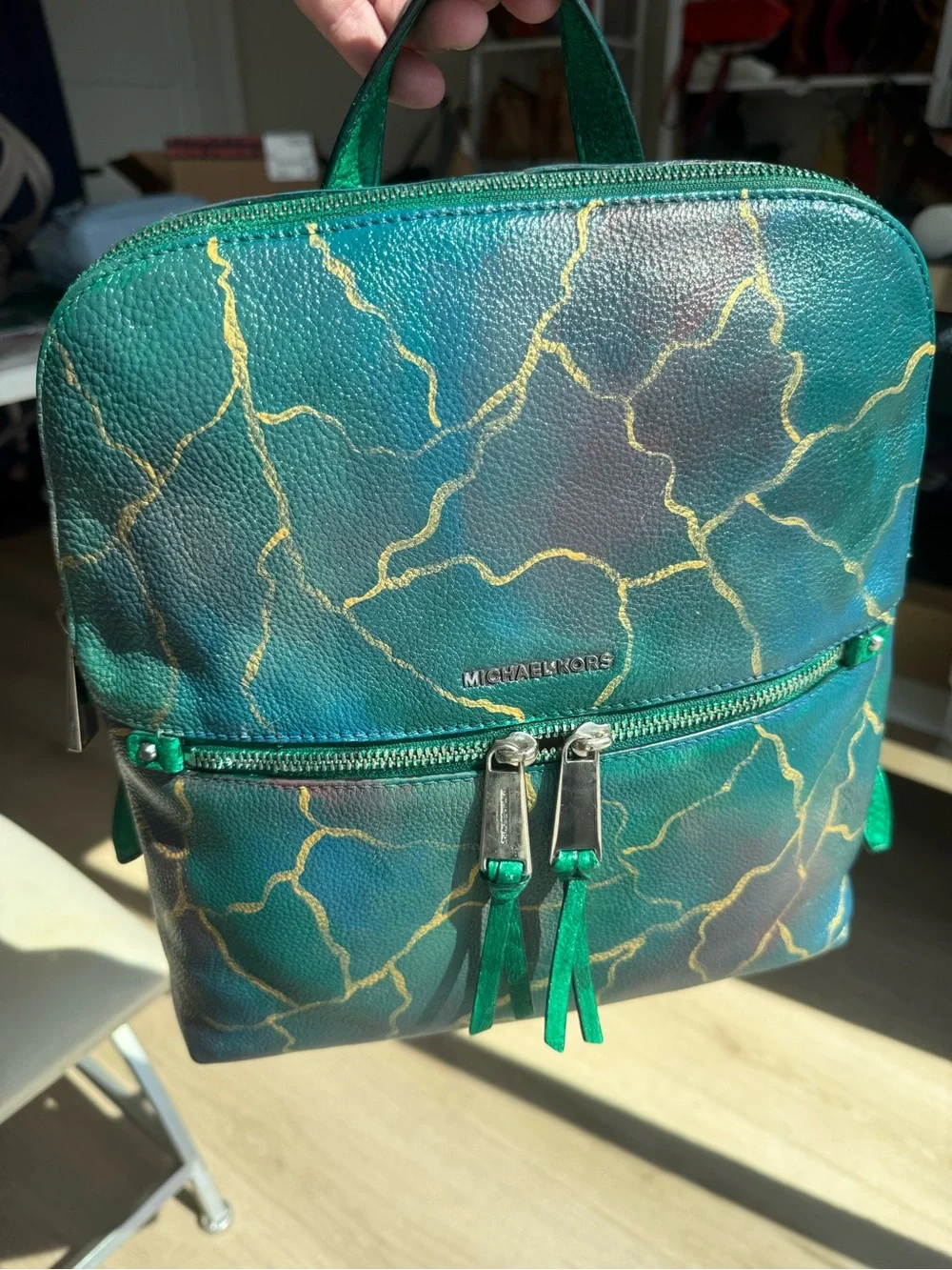 One of a kind hand painted Michael Kors Rhea Pebbled Leather Backpack
